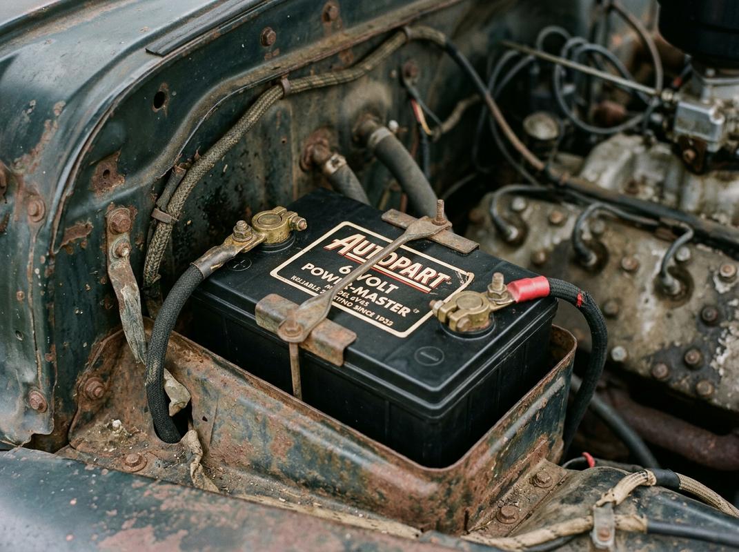 Batterie noire Autopart 6V installée dans le compartiment moteur patiné d'une voiture ancienne avec une mise au point nette sur les bornes et l'étiquette.