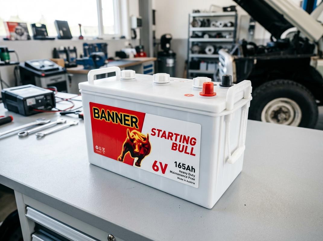 Batterie Banner Starting Bull 6V au boîtier blanc avec un logo de taureau rouge posée de trois-quarts sur une surface grise.