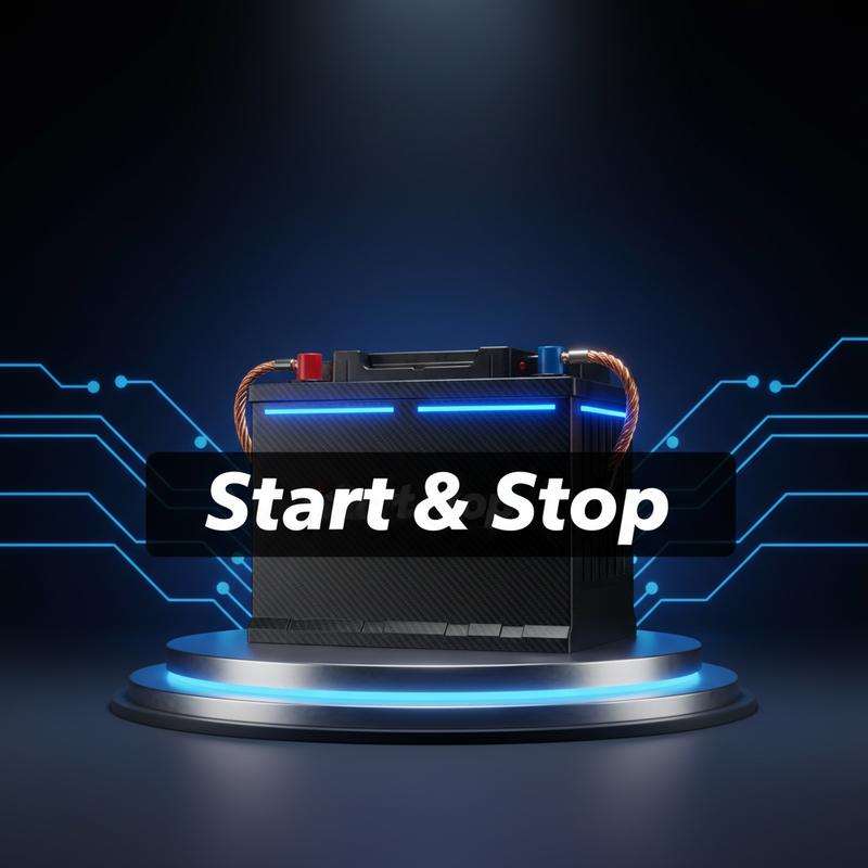 Batterie de voiture Start & Stop sur podium métallique avec éclairage néon bleu pour Citroën C4.