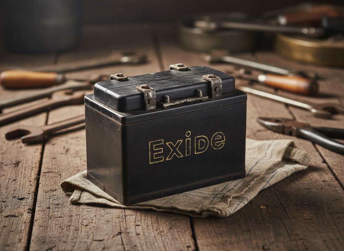 Une batterie Exide Vintage noire aux connecteurs en plomb apparents posée sur un établi en bois rustique avec des outils de mécanique flous en arrière-plan.