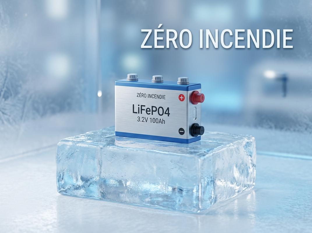Cellule de batterie LiFePO4 posée sur un bloc de glace sous un éclairage bleu serein avec l'inscription textuelle Zéro Incendie.