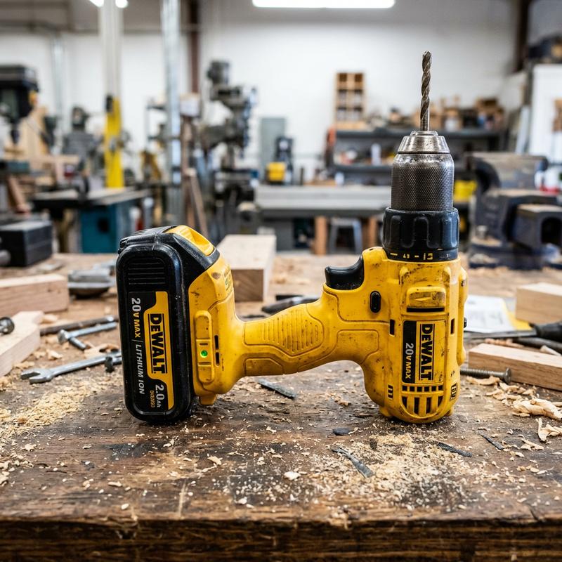 Batterie lithium-ion 20V 2Ah clipsée sur une perceuse sans fil jaune posée sur un établi en bois parsemé de fine sciure sous un éclairage d'atelier.