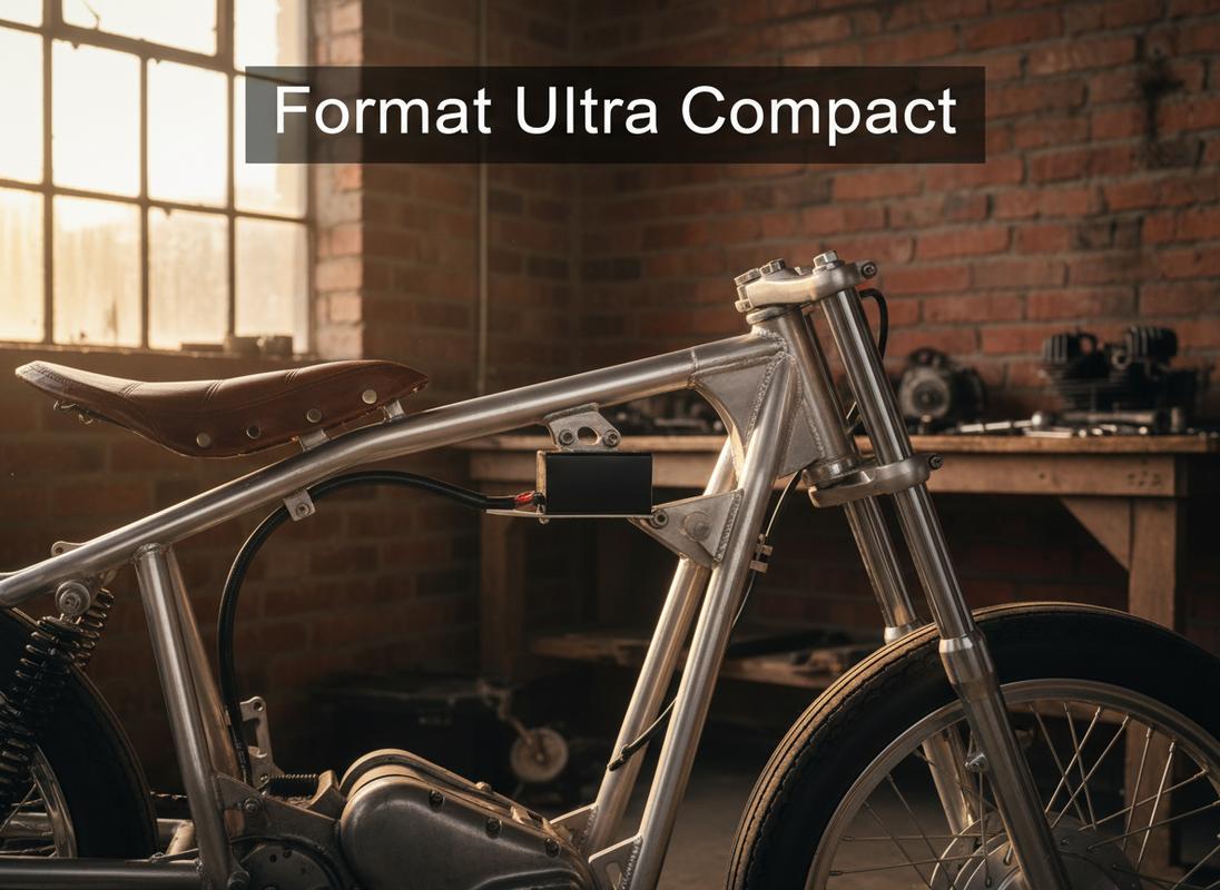 Batterie lithium Solise miniature intégrée sous le cadre d'une moto cafe racer vintage avec l'inscription Format Ultra Compact.