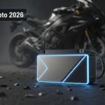 Batterie de moto futuriste aux contours néon bleus sur asphalte sombre avec moto de sport floue et texte Lithium Moto 2026.