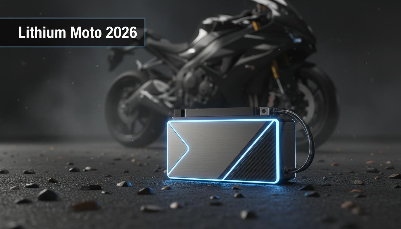 Batterie de moto futuriste aux contours néon bleus sur asphalte sombre avec moto de sport floue et texte Lithium Moto 2026.