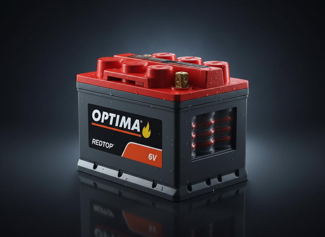 Batterie Optima RedTop 6V au design cylindrique rouge et orange caractéristique posée sur un fond sombre avec un éclairage studio précis.