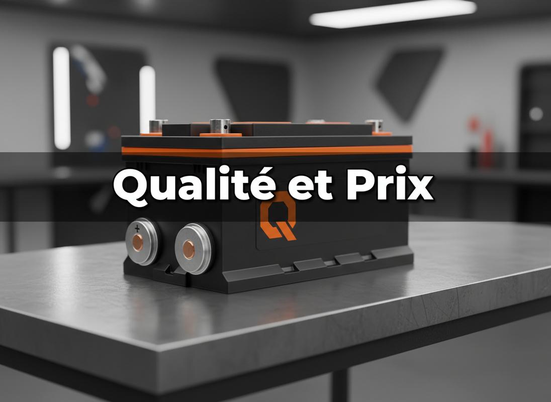 Batterie Power Queen noire aux accents orange sur un établi métallique avec le texte Qualité et Prix en surimpression.