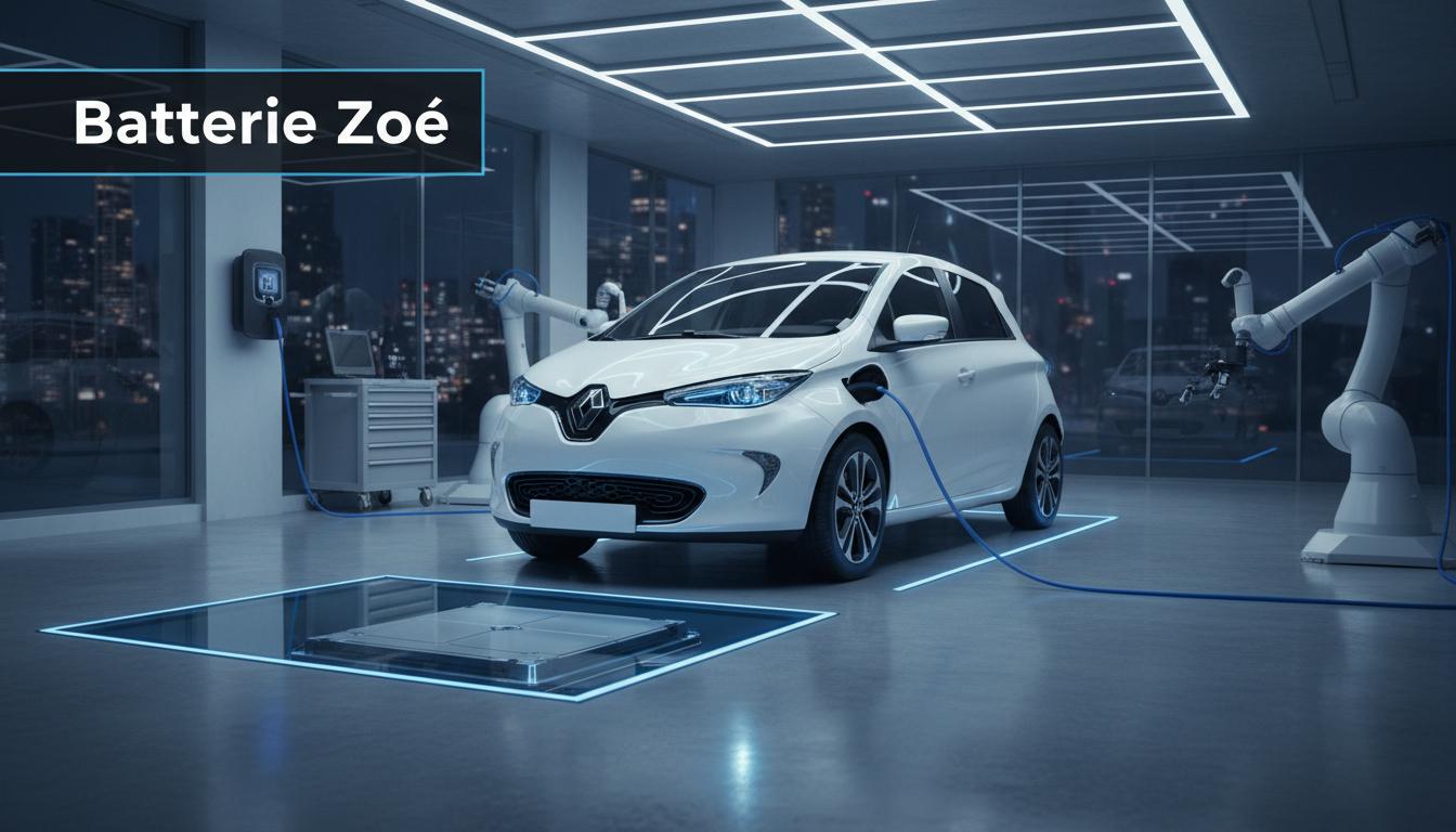 Berline Renault Zoé blanche dans un atelier mécanique futuriste, éclairages néons bleus sur le châssis et texte Batterie Zoé en superposition.