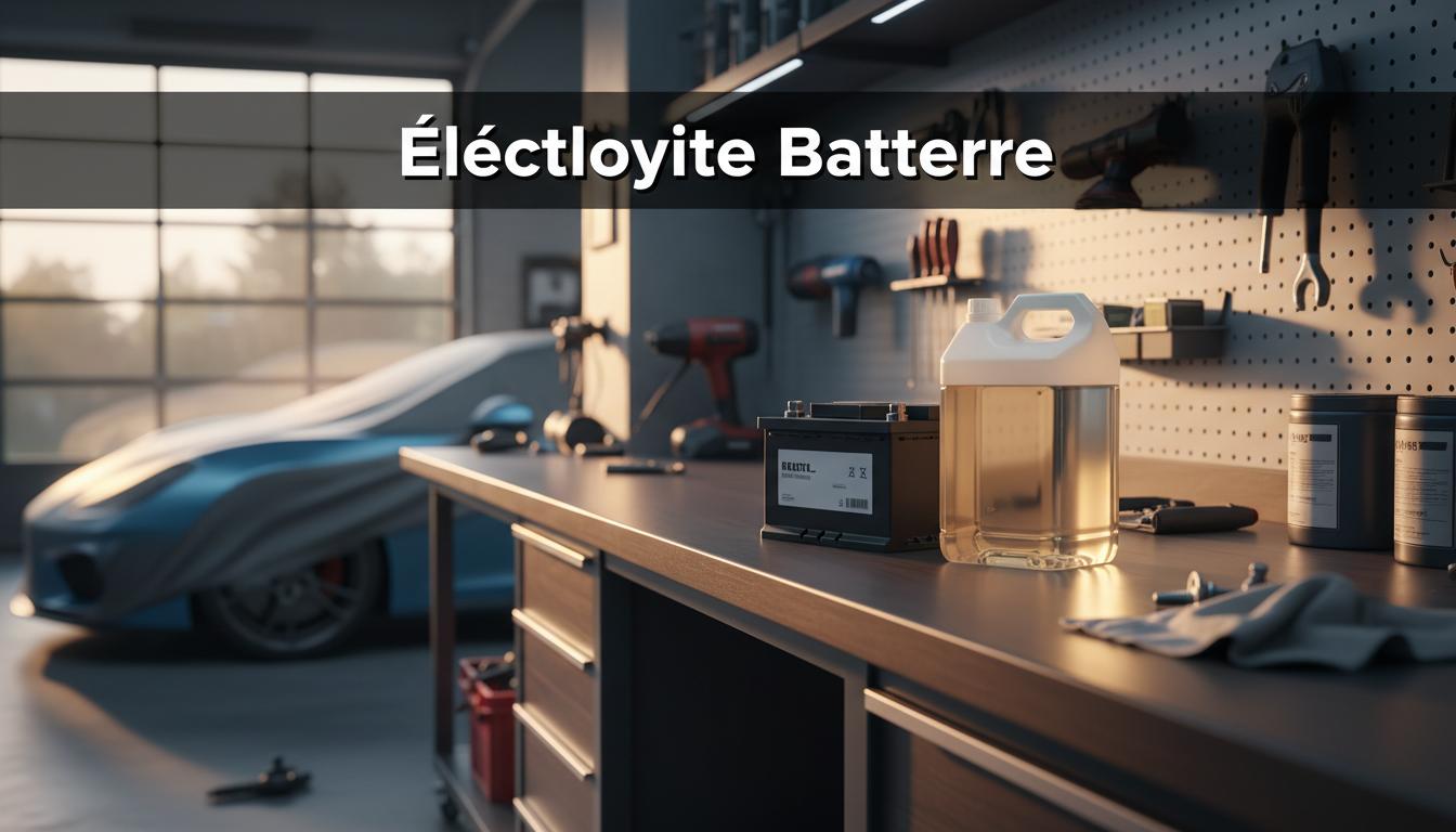 Batterie de voiture neuve et bidon d'électrolyte translucide sur un établi de garage éclairé par une lumière dorée avec le texte Électrolyte Batterie.