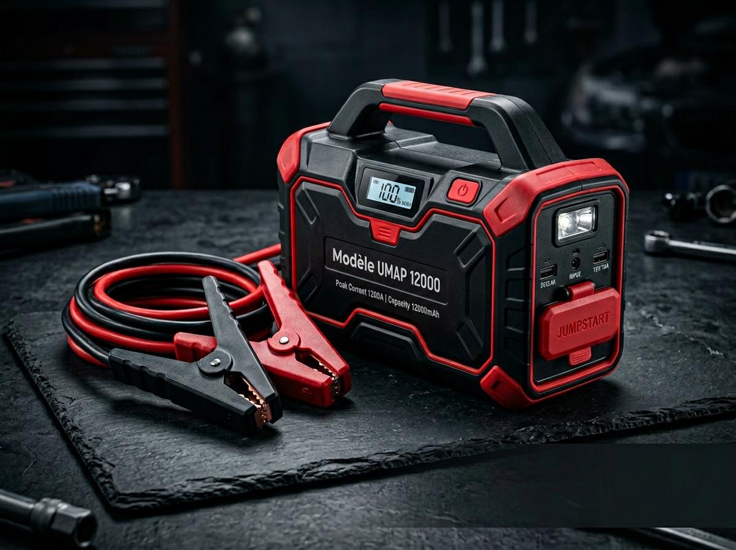 Booster de batterie noir et rouge Ultimate Speed UMAP 12000 posé sur de l'ardoise avec ses pinces de démarrage.