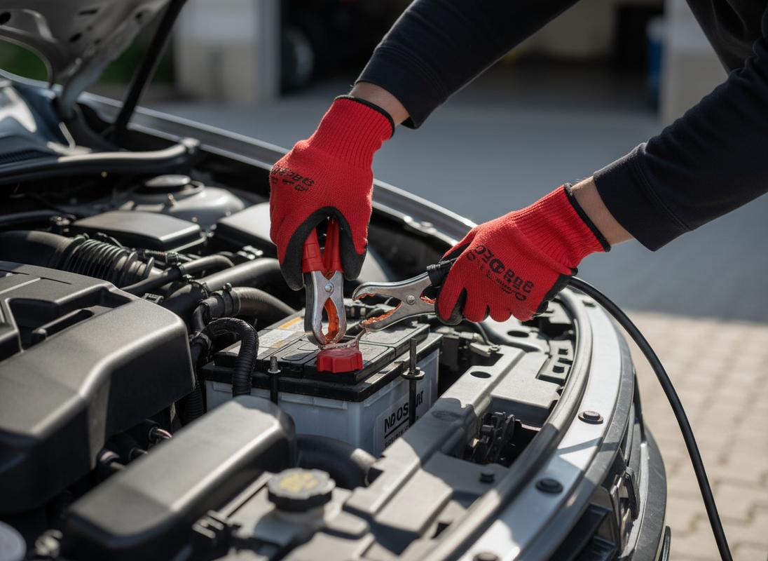 Vue par-dessus l'épaule d'un mécanicien fixant des pinces de démarrage rouges et noires sur les bornes d'une batterie de voiture en plein jour.