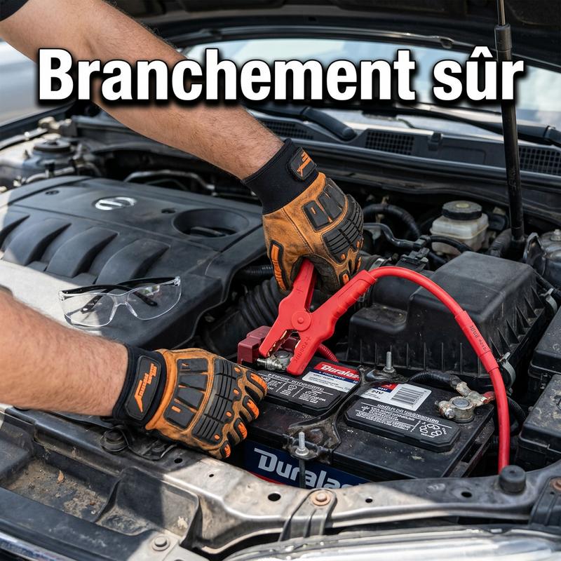 Mains gantées raccordant une pince rouge sur la borne positive d'une batterie de voiture pour un branchement sûr.