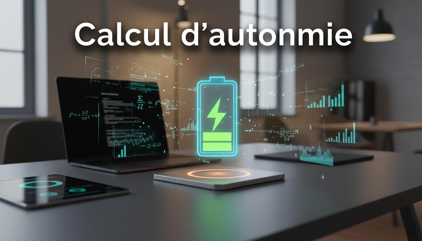 Icône de batterie numérique lumineuse en lévitation au-dessus d'un bureau moderne, entourée de graphiques de consommation et du texte Calcul d'autonomie.