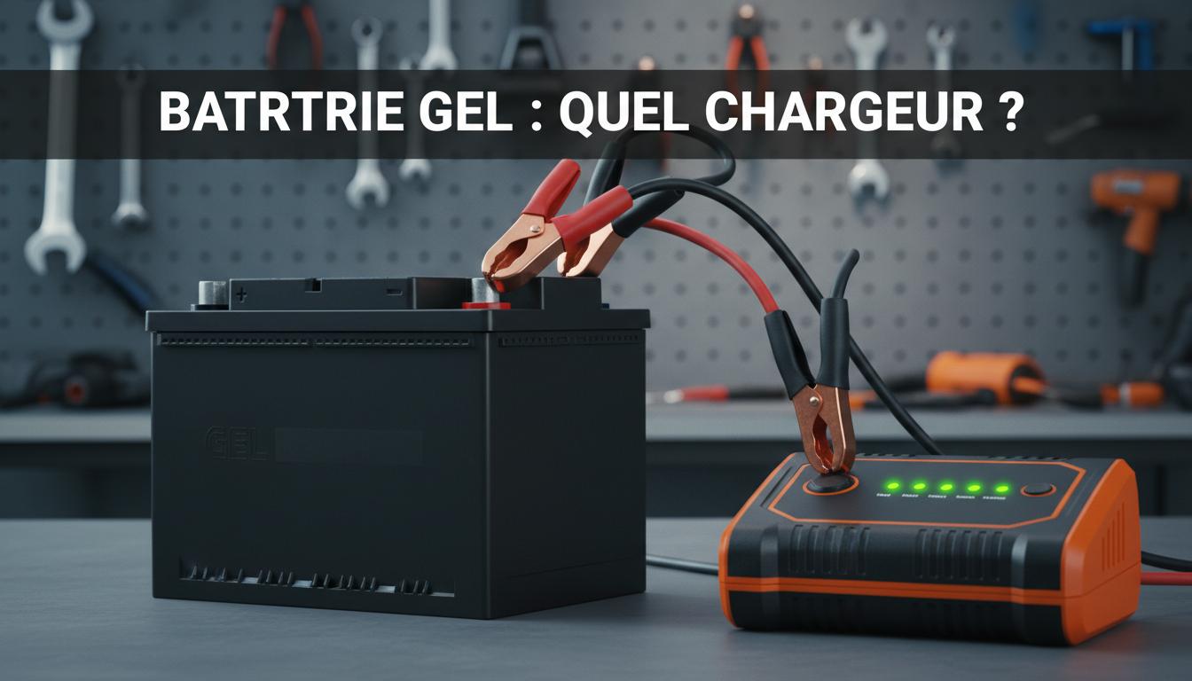 Une batterie Gel reliée à un chargeur intelligent aux voyants verts par des pinces en cuivre dans un atelier flou, avec le texte Batterie Gel : quel chargeur ?