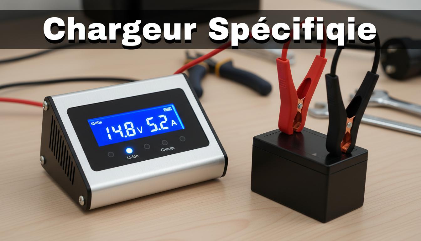 Chargeur intelligent avec écran LED connecté par pinces à une batterie lithium de moto sur un établi de mécanicien.