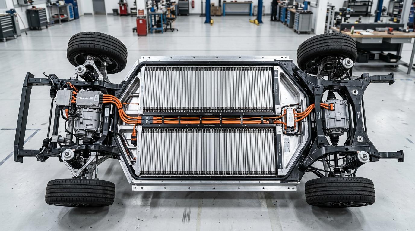 Vue en surplomb d'un châssis de véhicule électrique révélant une batterie structurelle composée de cellules Blade longues et plates.