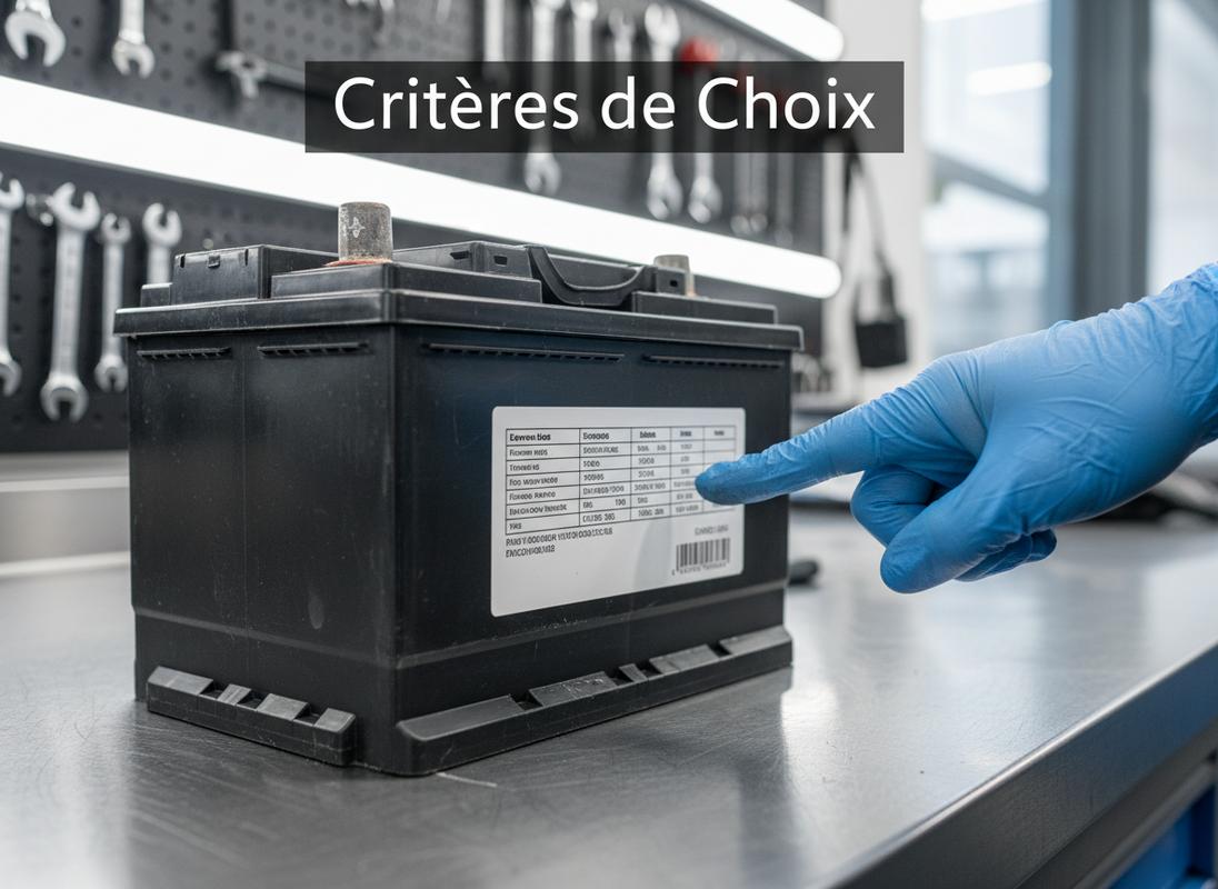 Main avec gant bleu pointant les caractéristiques techniques d'une batterie de voiture sur un établi métallique, sous le texte 'Critères de Choix'.