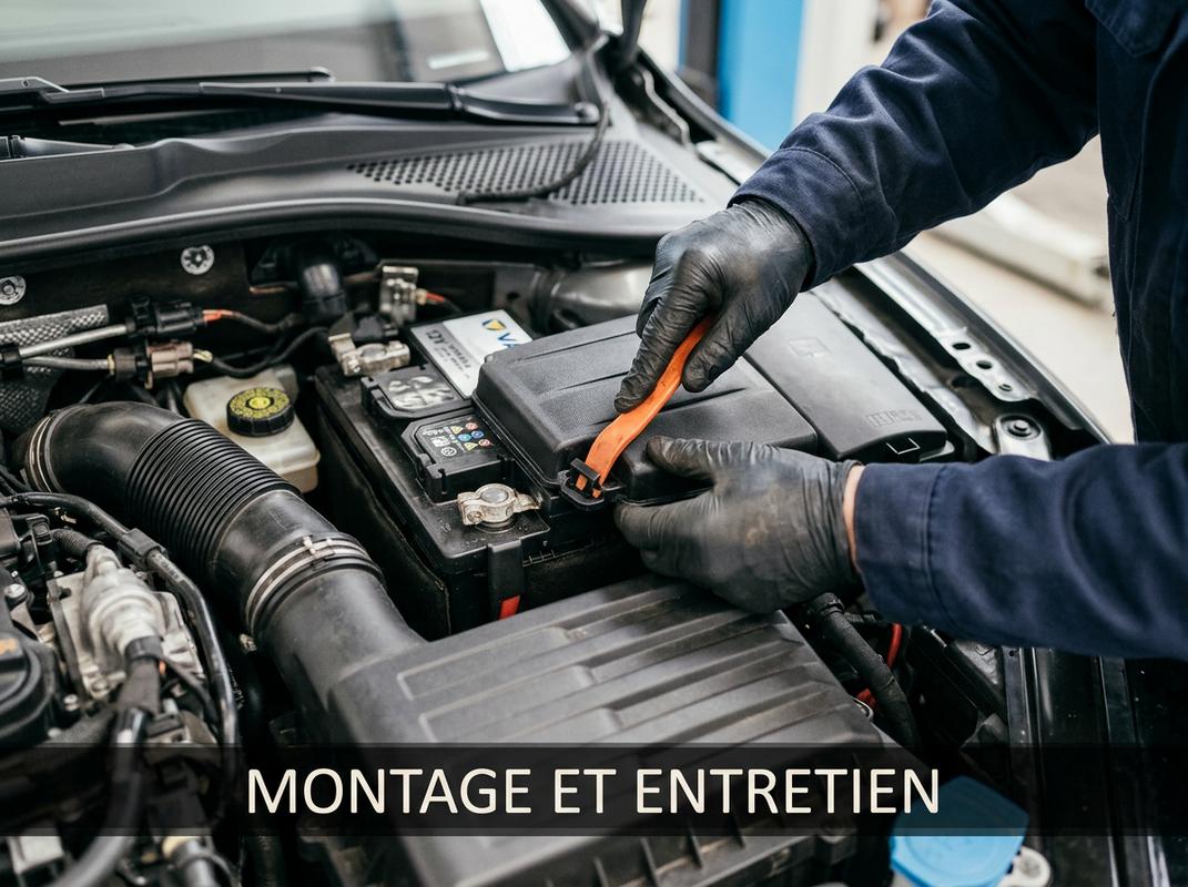 Mains d'un mécanicien déclipsant le cache de protection noir d'une batterie de Citroën C3 avec bandeau texte Montage et Entretien.
