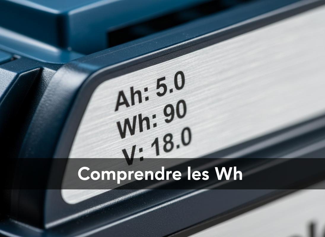 Gros plan macro sur l'étiquette métallique d'une batterie lithium affichant les unités Ah, Wh et V avec un texte en surimpression indiquant Comprendre les Wh.
