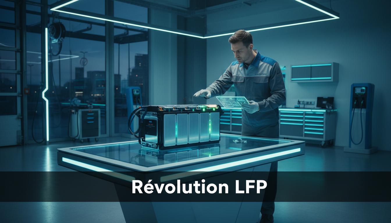 Mécanicien en uniforme analysant une batterie LFP lumineuse dans un atelier aux tons bleus et verts avec l'inscription Révolution LFP.
