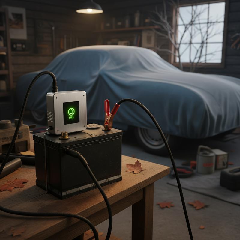 Un mainteneur de charge intelligent affiche une icône verte de charge complète sur son écran LED, relié aux bornes d'une batterie 6 volts dans un garage sombre.