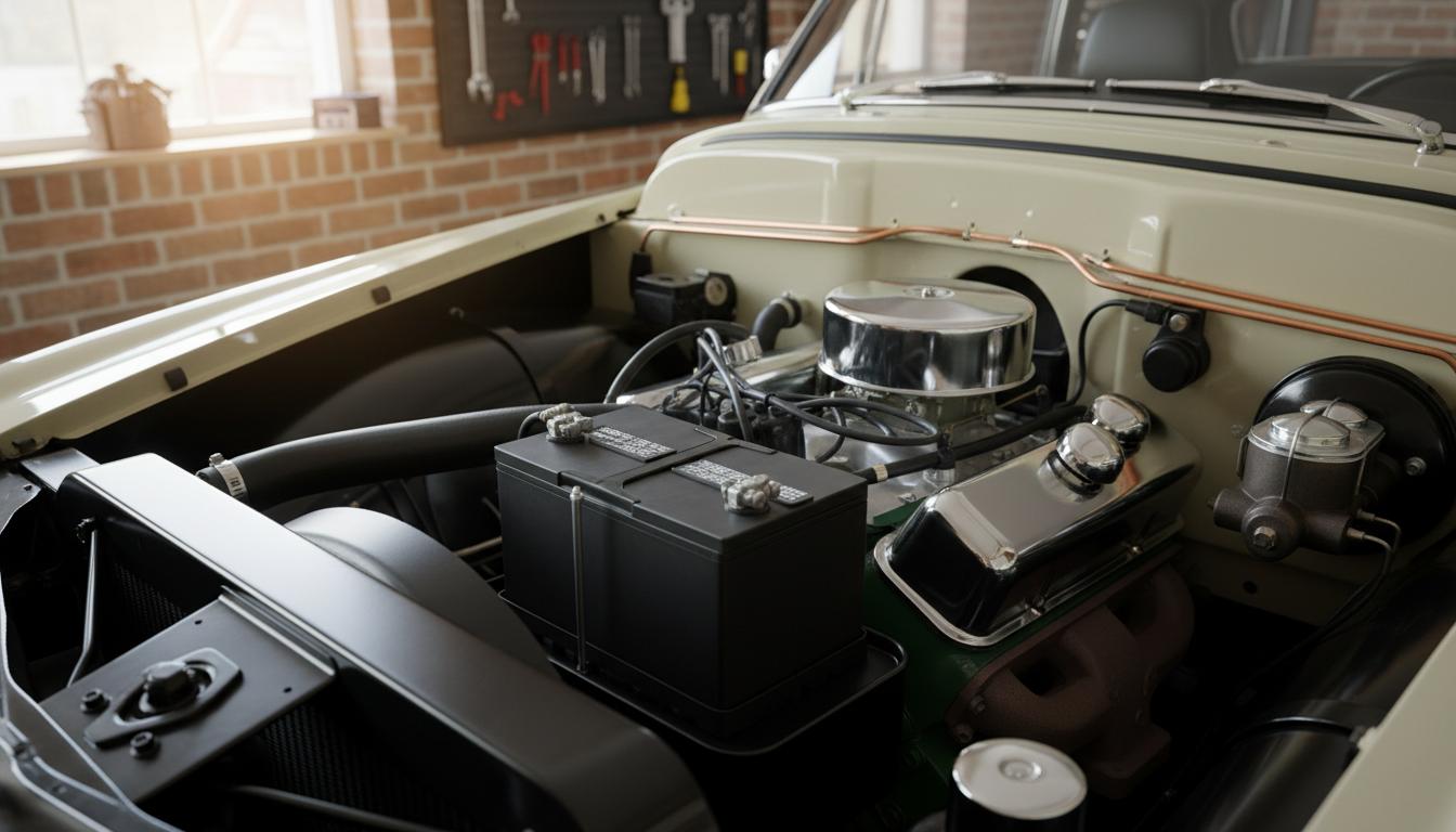 Un compartiment moteur de voiture de collection restauré avec une batterie noire de 6 volts et des composants chromés mis en valeur par la lumière.