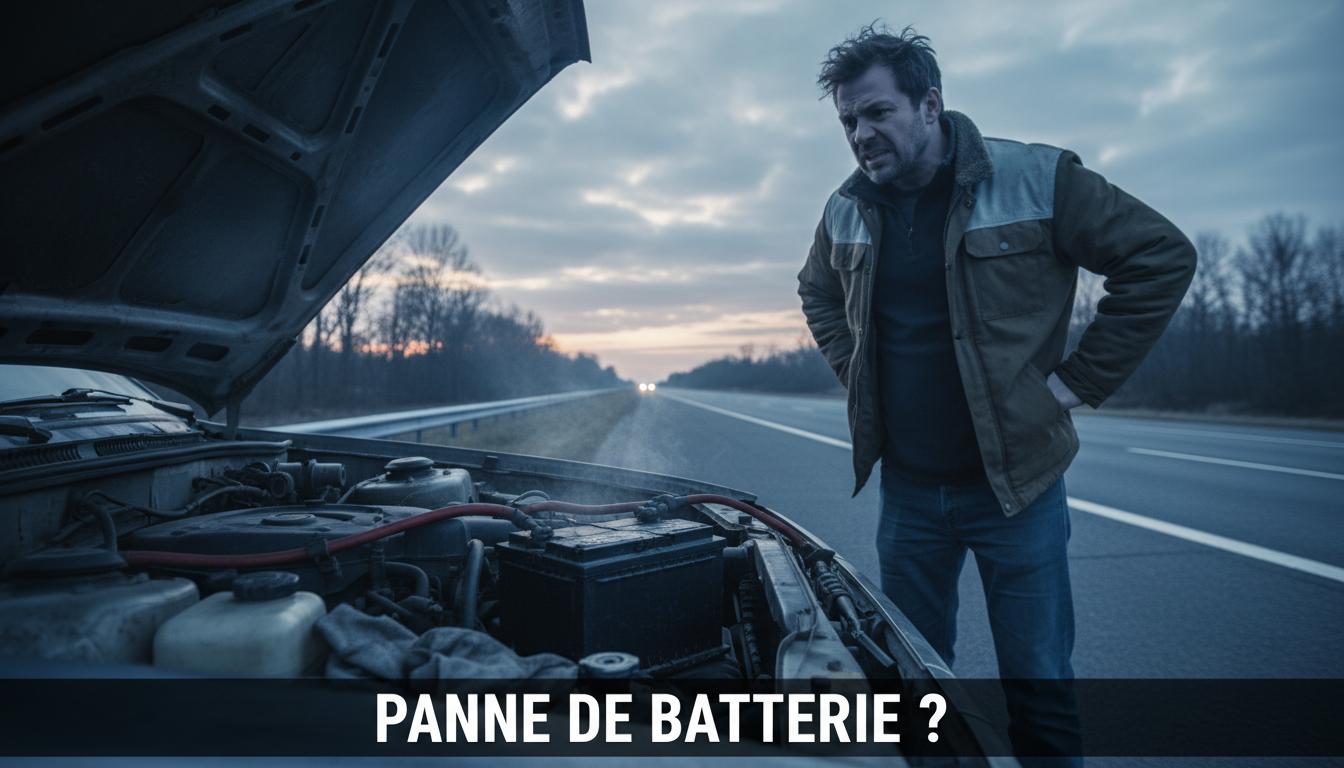 Un conducteur frustré examine la batterie sous le capot ouvert de sa voiture dans la lumière froide du matin, avec l'inscription Panne de batterie ? en bas.
