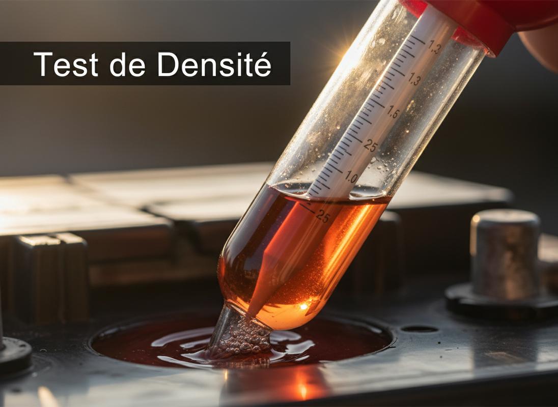 Pèse-acide en verre mesurant la densité de l'électrolyte d'une batterie, avec flotteur gradué visible et texte Test de Densité.