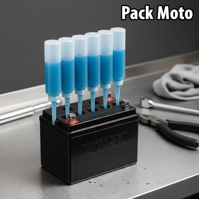 Remplissage d'une batterie de moto à l'aide d'un pack d'acide multi-chambres sur un établi propre, avec l'inscription Pack Moto.