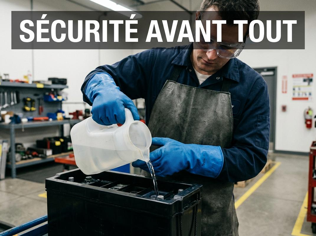 Mains avec gants en nitrile bleu versant un liquide dans une batterie, avec lunettes de sécurité et texte Sécurité Avant Tout en superposition.