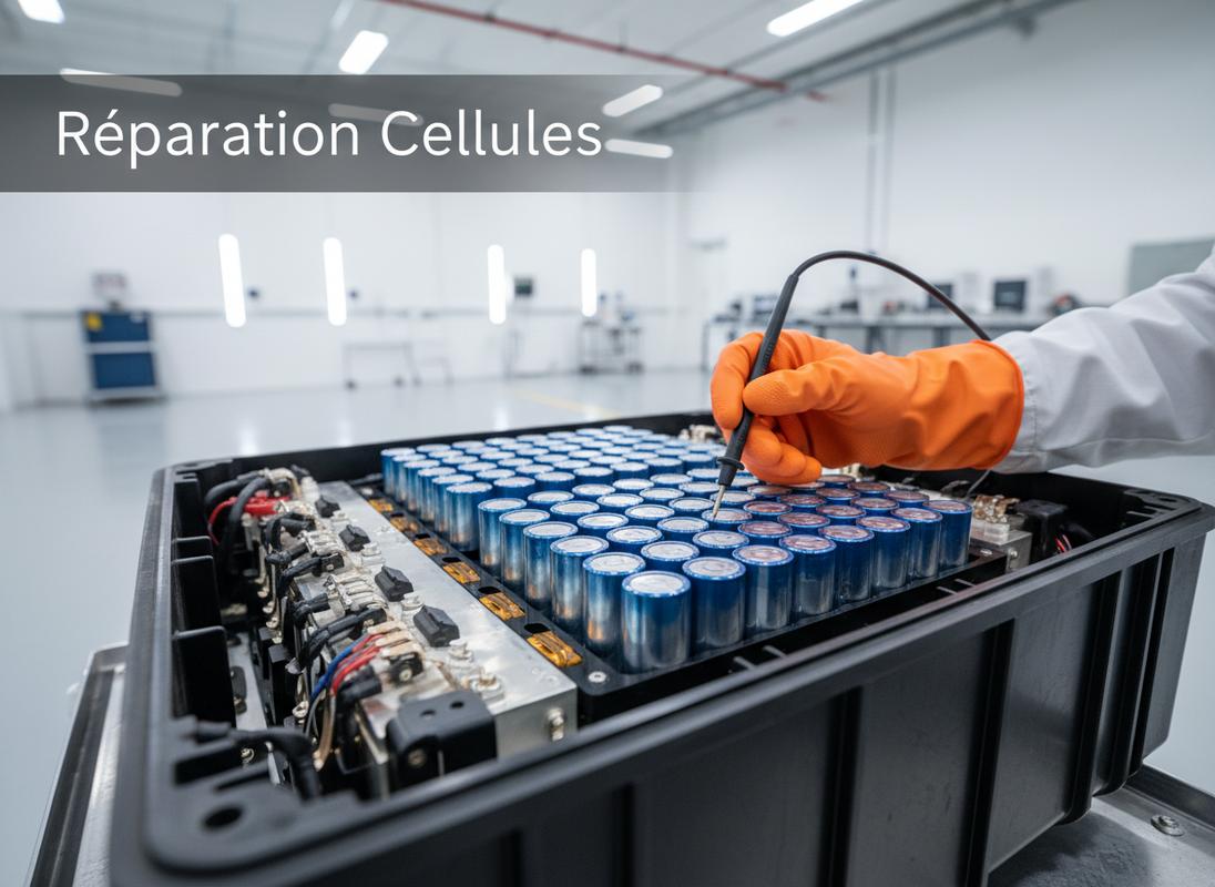Technicien en gants orange inspectant des modules de batterie lithium-ion d'un véhicule électrique avec l'inscription Réparation Cellules.