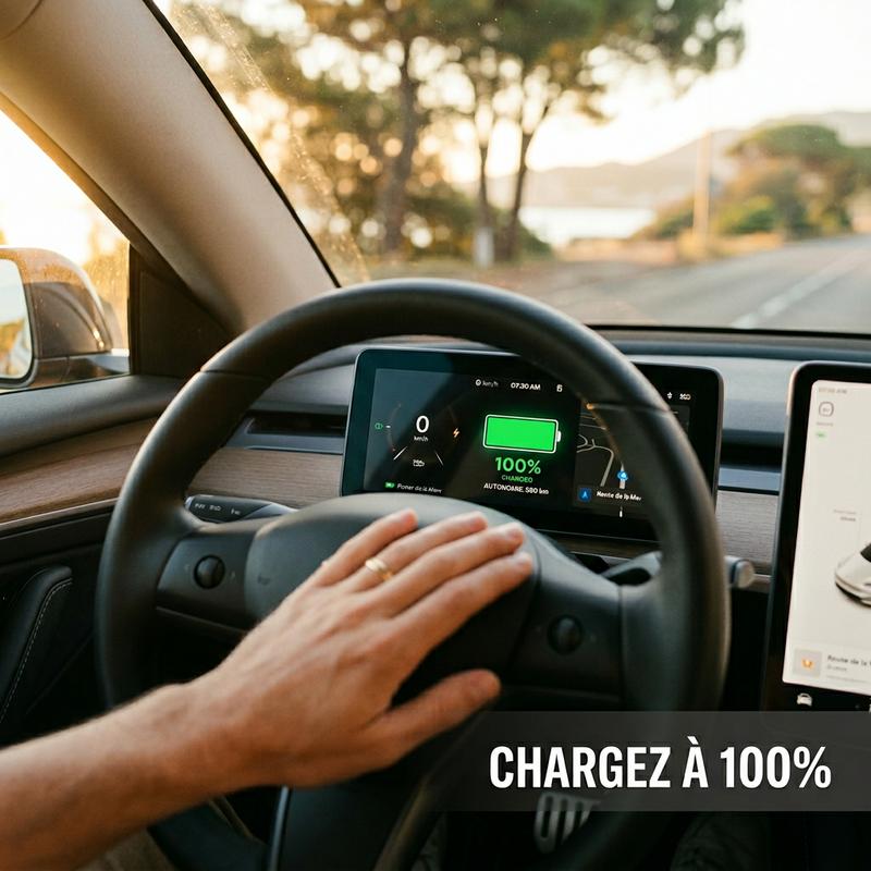 Tableau de bord numérique d'une voiture électrique affichant une batterie verte pleine à 100% et le texte 'Chargez à 100%' sous une lumière matinale.