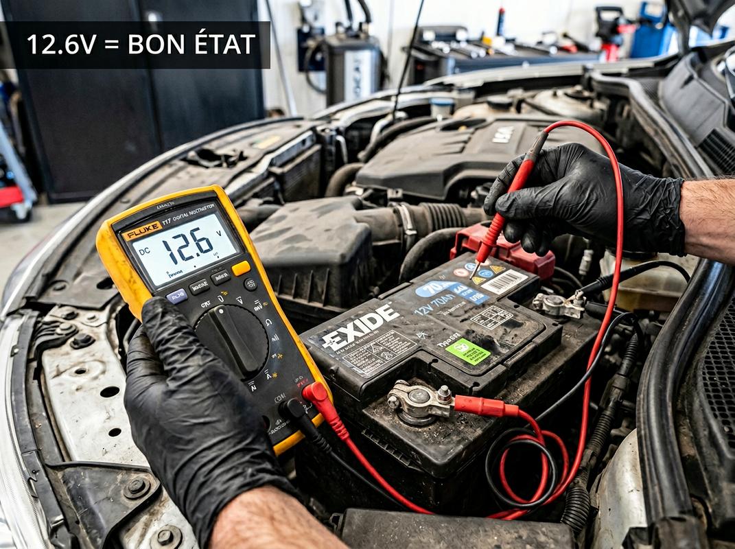 Mains tenant un multimètre numérique mesurant la tension aux bornes d'une batterie de voiture affichant 12.6 volts indiquant un bon état de charge.