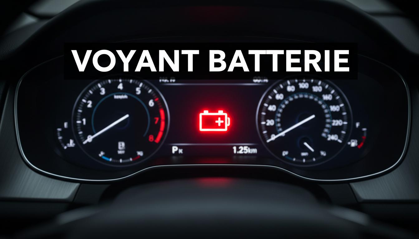 Un voyant de batterie rouge s'illumine sur le tableau de bord d'une voiture moderne dans l'obscurité avec l'inscription textuelle VOYANT BATTERIE.