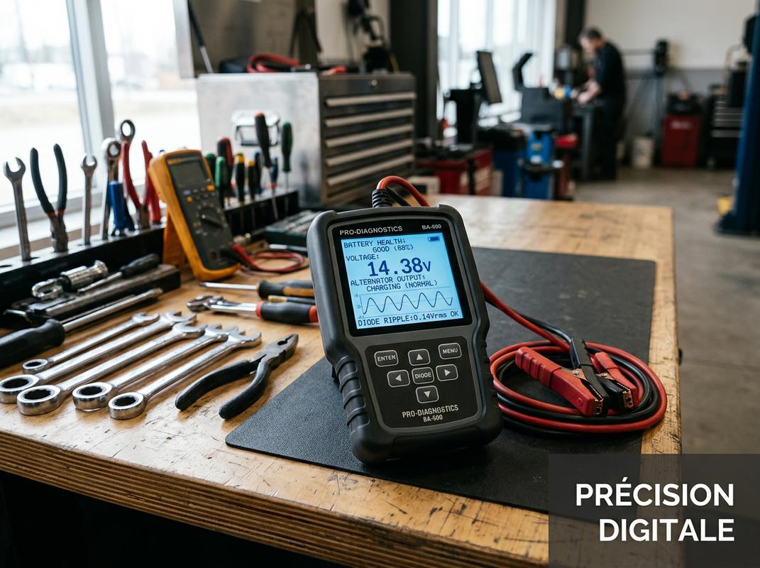 Analyseur digital de batterie affichant une courbe de tension sur un écran LCD rétroéclairé avec le texte PRÉCISION DIGITALE posé sur un établi.