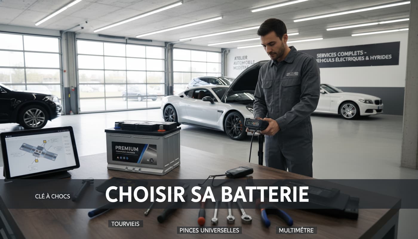 Un atelier automobile lumineux avec une batterie de voiture sur un établi au premier plan et un mécanicien inspectant un véhicule au capot ouvert en arrière-plan, le texte 'CHOISIR SA BATTERIE' est superposé.
