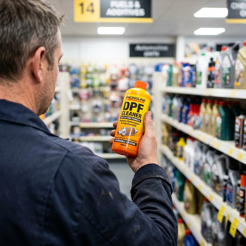 Un automobiliste examine un flacon coloré de nettoyant FAP dans le rayon d'un magasin automobile, vu par-dessus l'épaule avec un focus sur la bouteille.