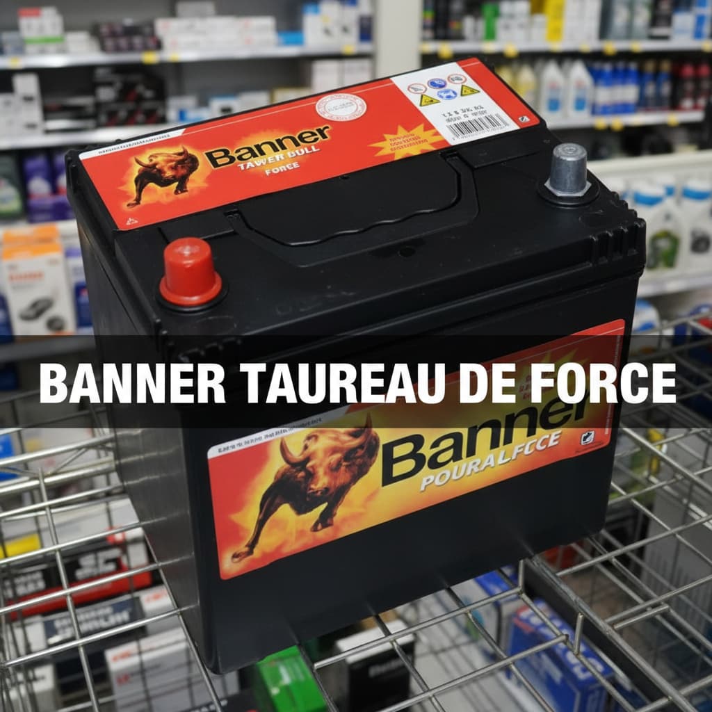 Batterie de voiture Banner Power Bull au boîtier rouge avec logo buffle dans un magasin de pièces détachées.