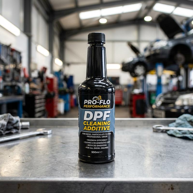 Bidon de nettoyant FAP Bardahl posé sur un établi métallique avec un atelier automobile flou en arrière-plan sous un éclairage professionnel.