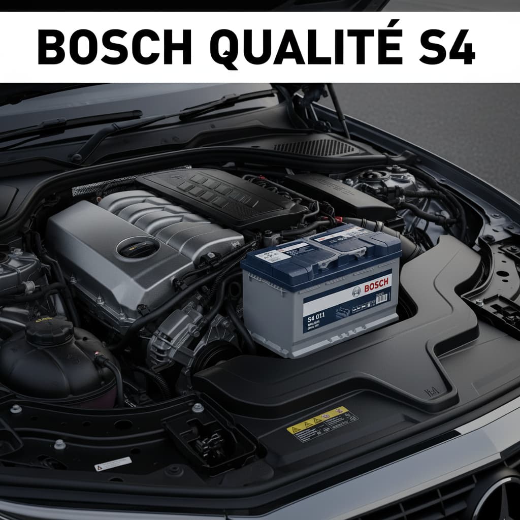 Batterie Bosch S4 posée à côté d'un moteur moderne sous le capot, éclairage premium mettant en valeur l'ingénierie allemande, avec le texte 'BOSCH QUALITÉ S4' en superposition.