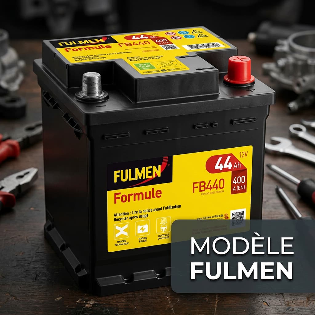 Batterie de voiture noire et rouge sur fond d'atelier avec outils flous, étiquettes en français et texte 'MODÈLE FULMEN' en superposition.