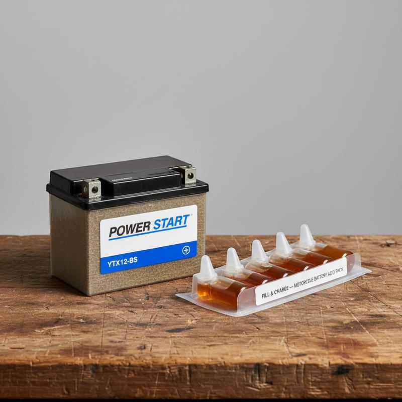 Une batterie de moto neuve est posée sur un établi en bois à côté d'une recharge d'acide multi-compartiments dans un studio bien éclairé.