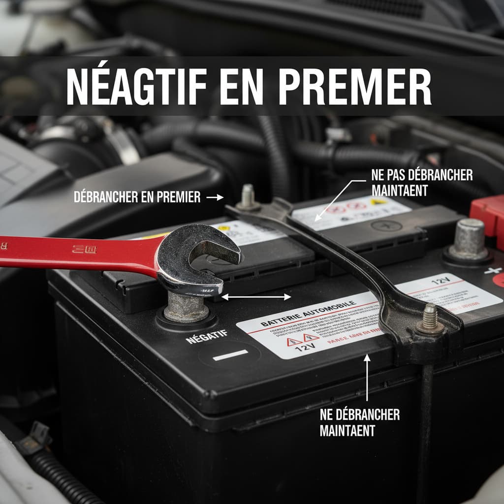 Gros plan d'une batterie de voiture avec une clé sur la borne négative marquée d'un signe moins, des annotations en français, et un texte superposé 'NÉGATIF EN PREMIER' sur fond sombre semi-transparent.