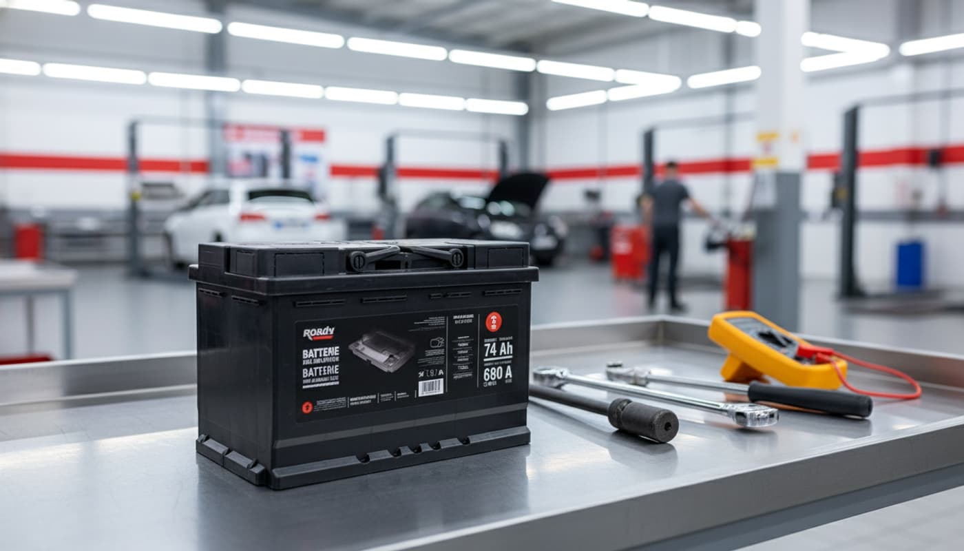 Batterie de voiture Roady neuve sur une table de travail propre, entourée d'outils professionnels, avec un arrière-plan flou d'un centre automobile.
