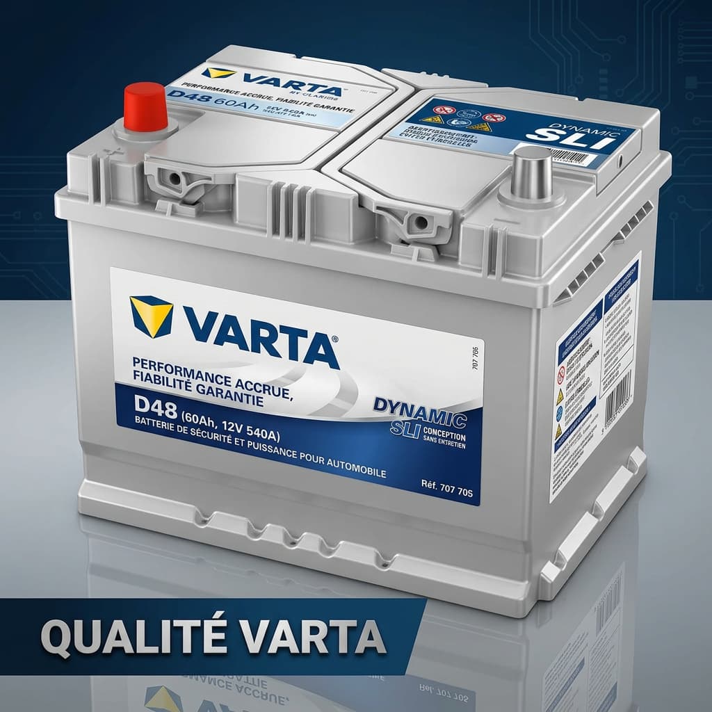 Batterie de voiture argentée et bleue avec étiquettes techniques en français, posée sur une surface grise réfléchissante.