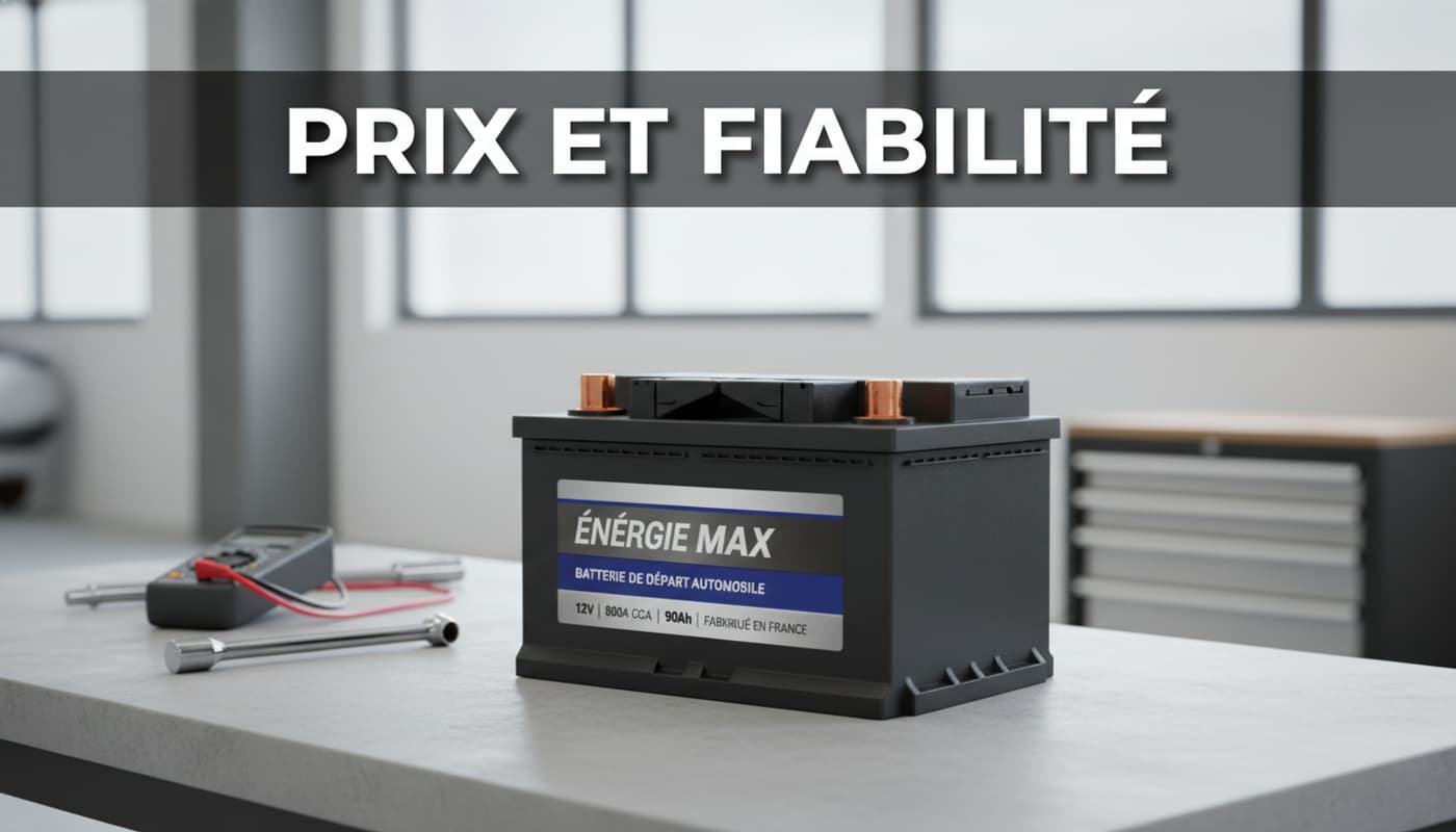 Une batterie de voiture neuve avec bornes en cuivre posée sur un établi minimaliste dans un atelier automobile lumineux, avec un texte superposé « PRIX ET FIABILITÉ » ombré.