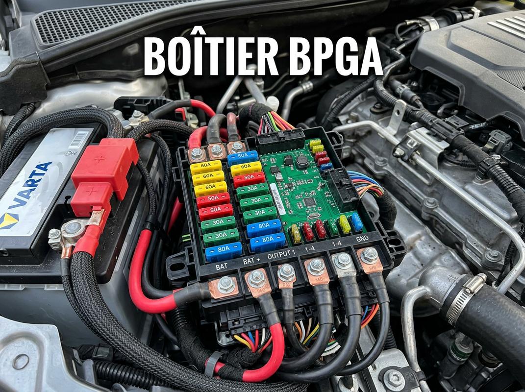 Boîtier BPGA détaillé montrant des fusibles de puissance et des câbles électriques épais dans un compartiment moteur avec l'inscription BOÎTIER BPGA.