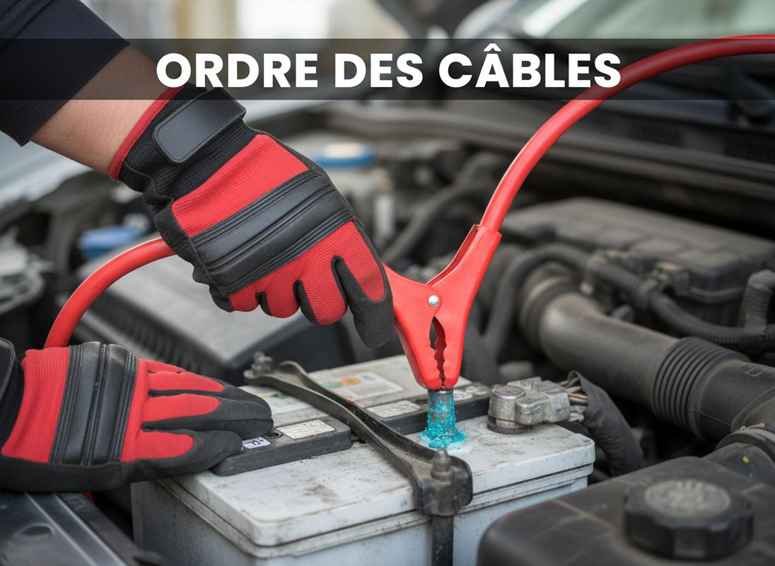 Des mains gantées raccordent une pince de démarrage rouge à la borne positive d'une batterie de voiture avec la mention textuelle ORDRE DES CÂBLES.