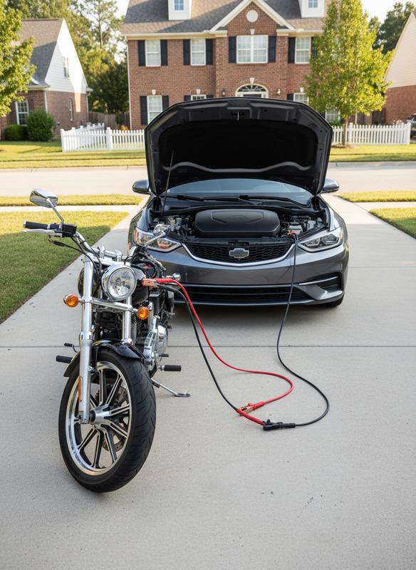 Câbles de démarrage connectés entre la batterie d'une voiture berline moderne et celle d'une moto garée côte à côte dans une allée ensoleillée.