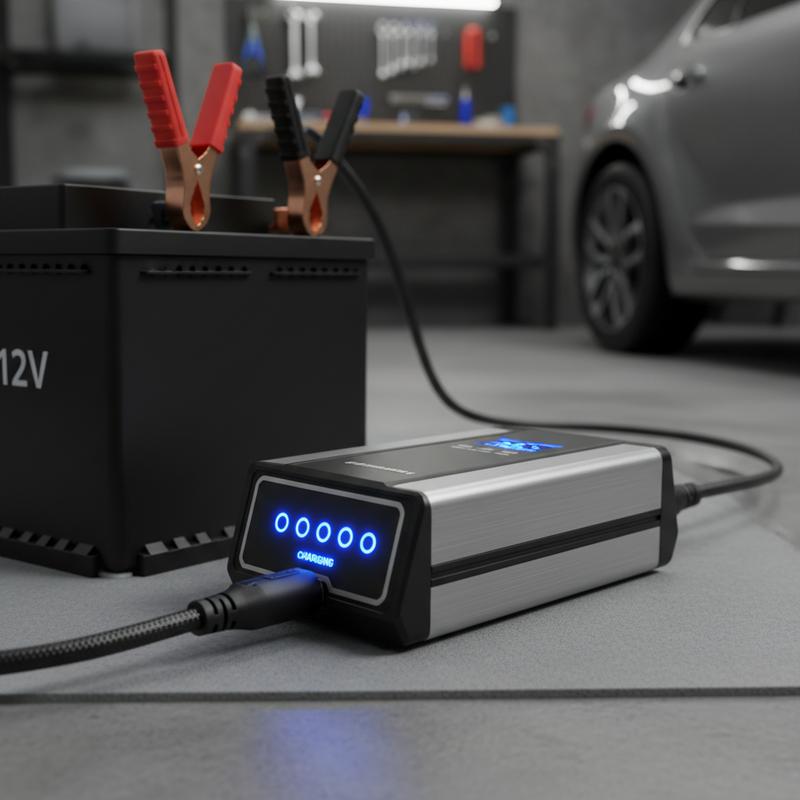 Pinces crocodiles rouge et noire connectées aux bornes métalliques d'une batterie de voiture avec un chargeur intelligent et ses témoins LED allumés.